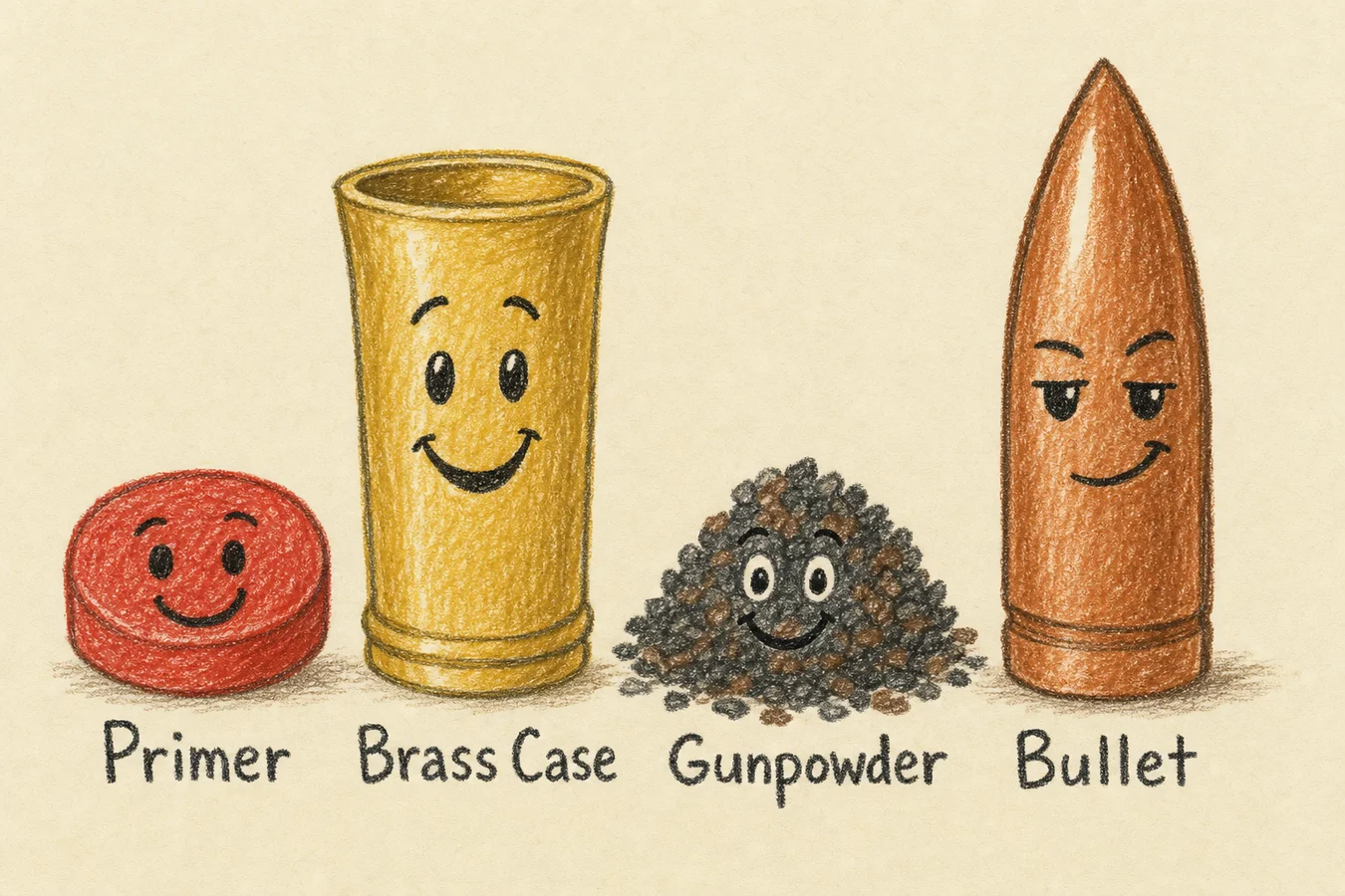 Crayon character lineup of the four cartridge parts: red Primer, gold Brass Case, squiggle Gunpowder, copper Bullet, each labeled.