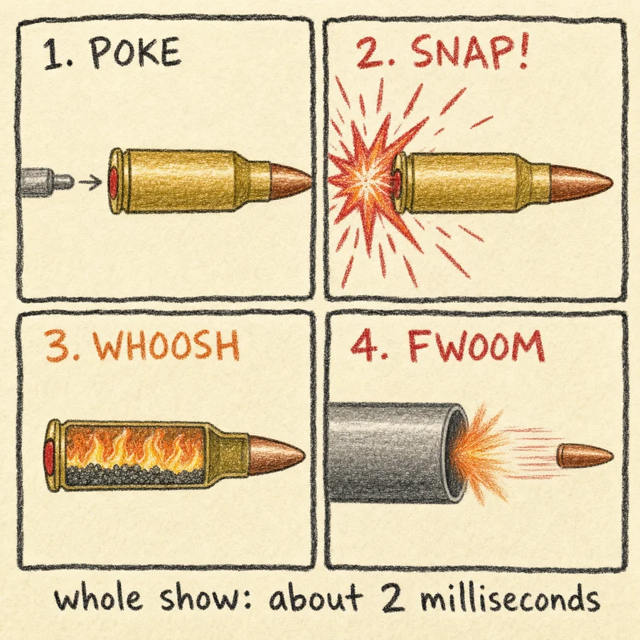 Four-panel crayon comic of the firing sequence: poke, snap, whoosh, fwoom.