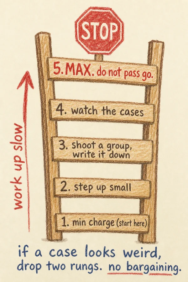 Crayon ladder diagram showing five charge-weight rungs from min to max with a stop sign at the top.