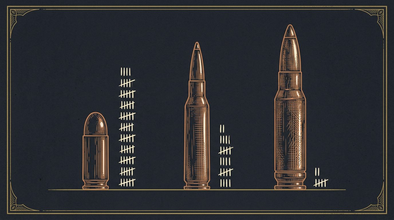 Three cartridge sizes side by side with stacked tally marks underneath