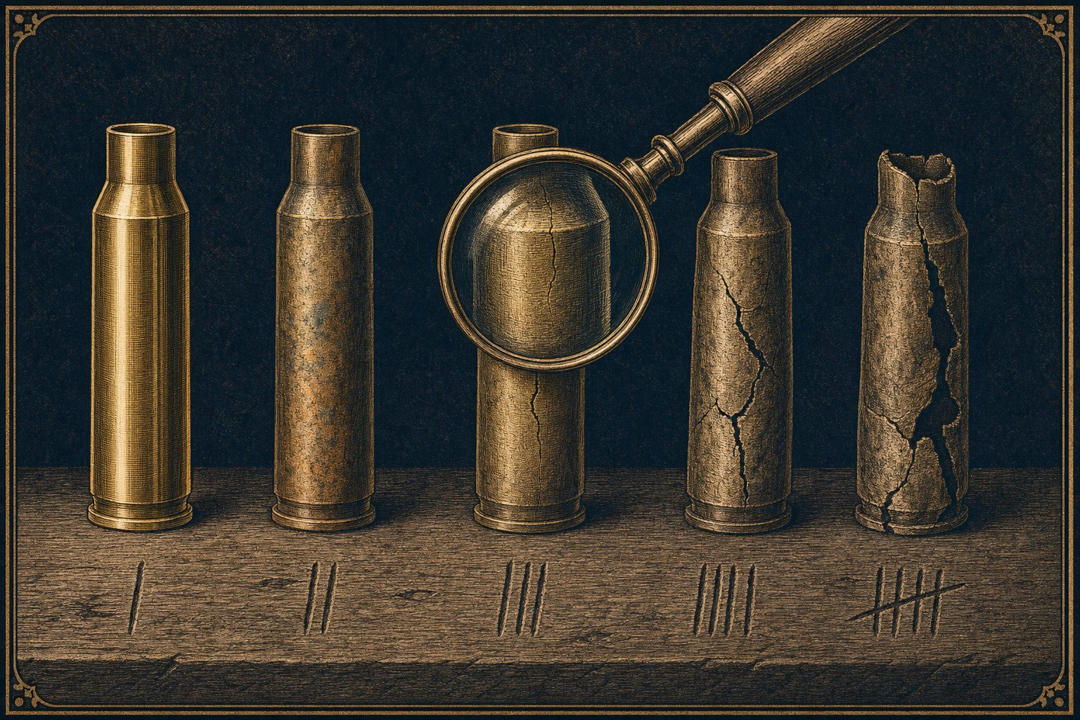Five brass cases in a row showing progressive wear from new to retired