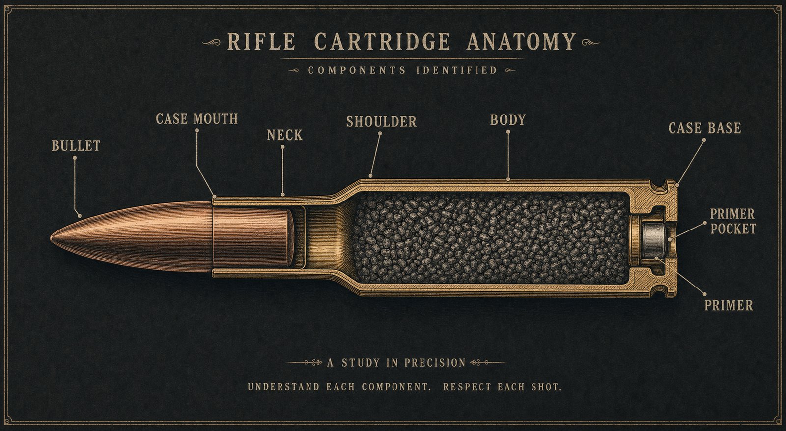Rifle cartridge cross-section showing bullet, case mouth, neck, shoulder, body, primer pocket, primer, and base.