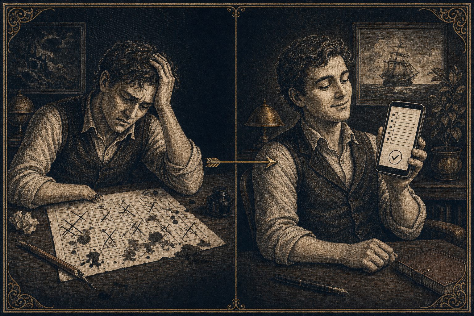 Frustrated person at a smudged paper ledger versus relaxed person with a tidy phone screen