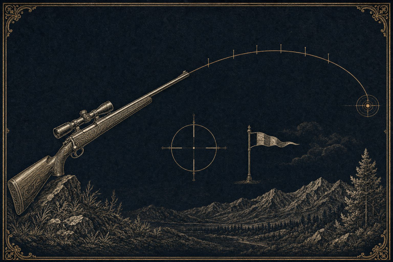 A scoped rifle with a brass arc trajectory rising to a distant target