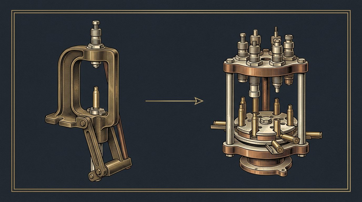 Single-stage O-frame press on the left, progressive press with rotating shellplate on the right