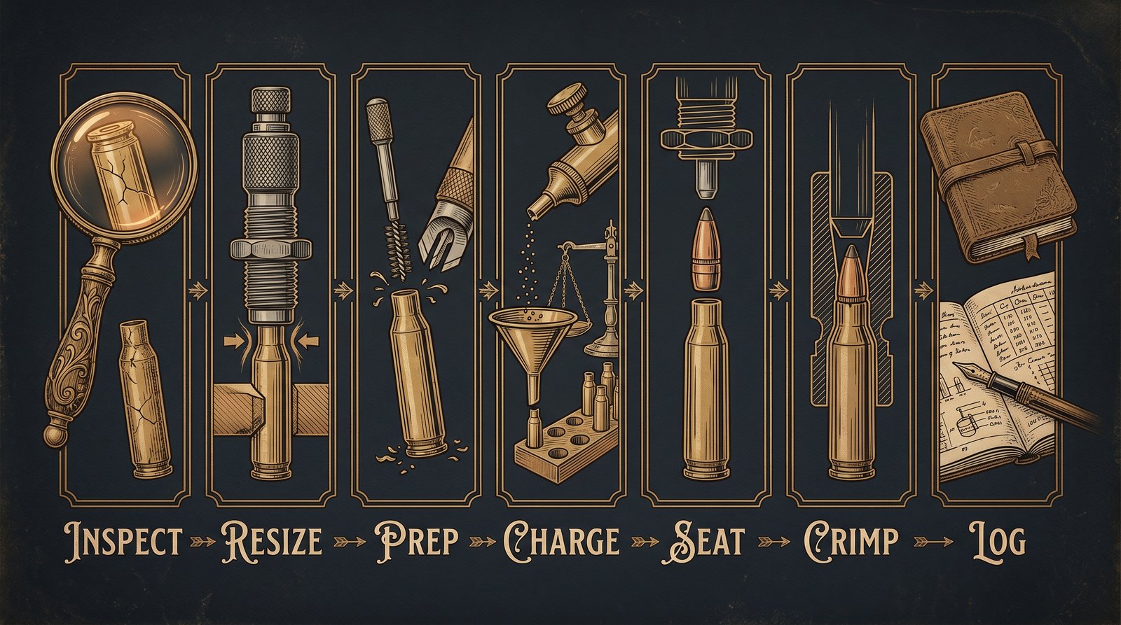 The seven-step reloading workflow shown as engraved icons: inspect, resize, prep, charge, seat, crimp, log.