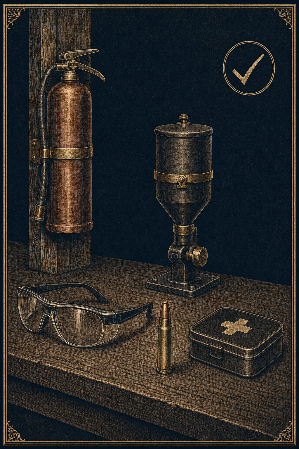 A clean reloading bench with closed powder hopper, fire extinguisher, safety glasses, and first-aid kit