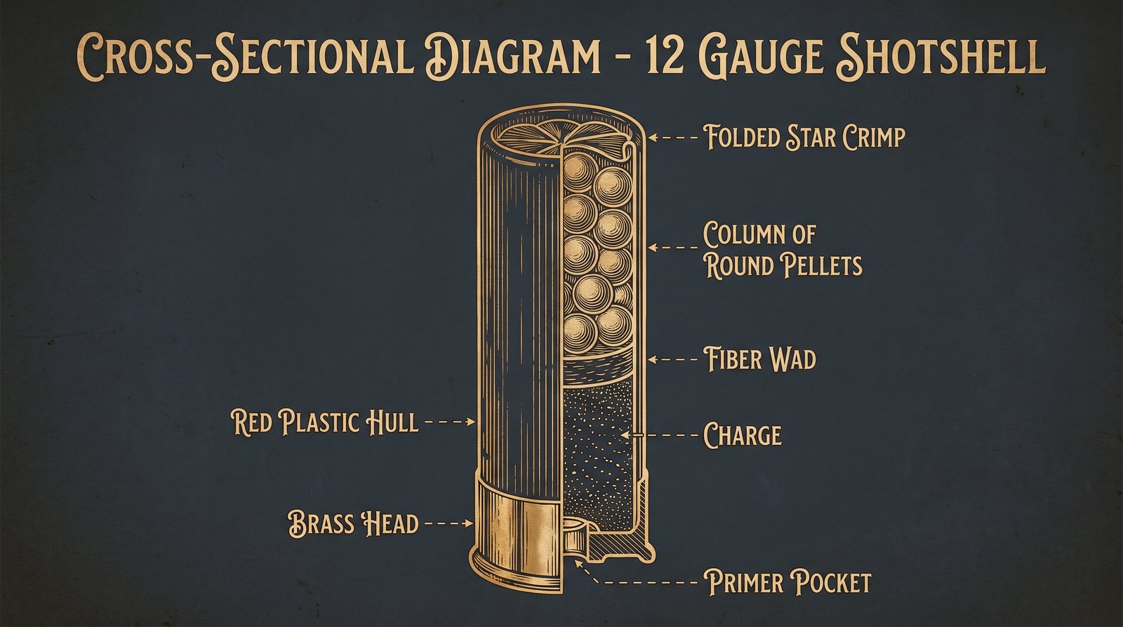 Twelve-gauge shotshell cutaway showing brass head, primer pocket, red plastic hull, charge, fiber wad, column of round pellets, and folded star crimp.