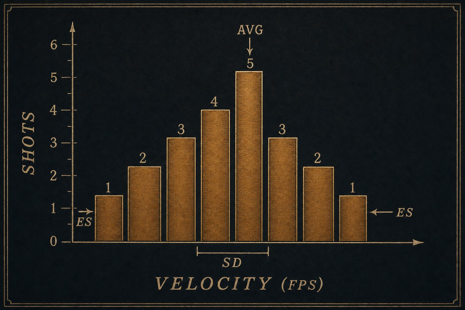 A bell-curve velocity histogram. Center column labeled AVG. Outer columns flagged ES. The middle three bars bracketed under SD.