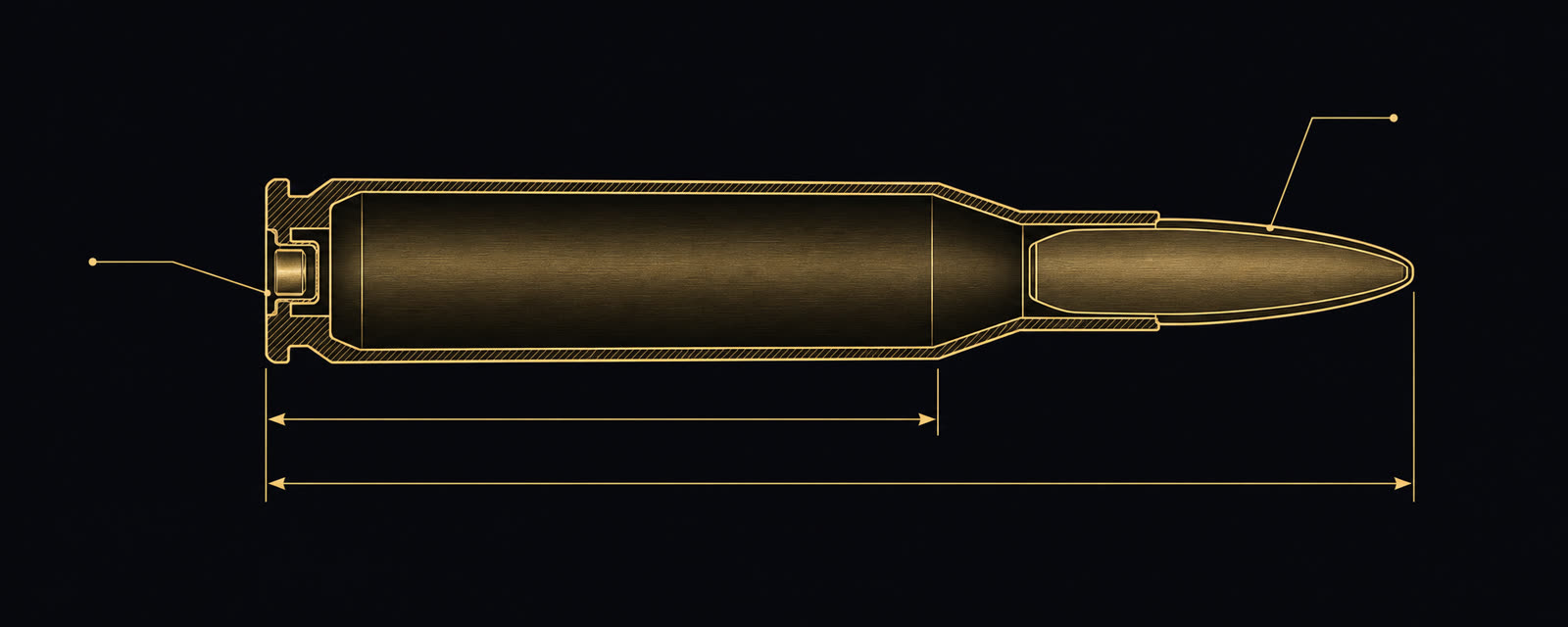 Brass cartridge cutaway showing case length, trim length, and overall length dimension callouts